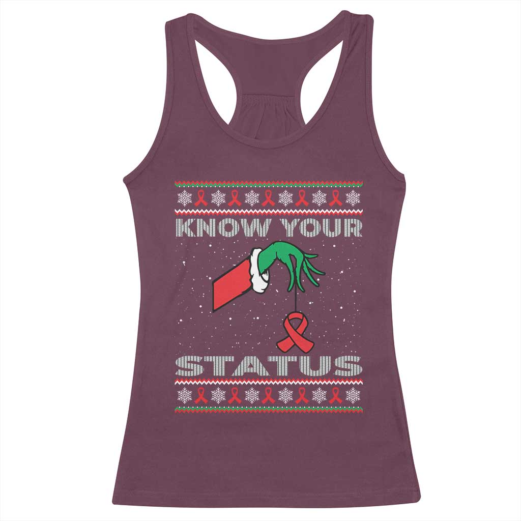 Funny Know Your Status Green Hand Racerback Tank Top Red Ribbon HIV Ugly Sweater Gift - Wonder Print Shop