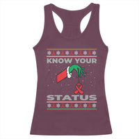 Funny Know Your Status Green Hand Racerback Tank Top Red Ribbon HIV Ugly Sweater Gift - Wonder Print Shop