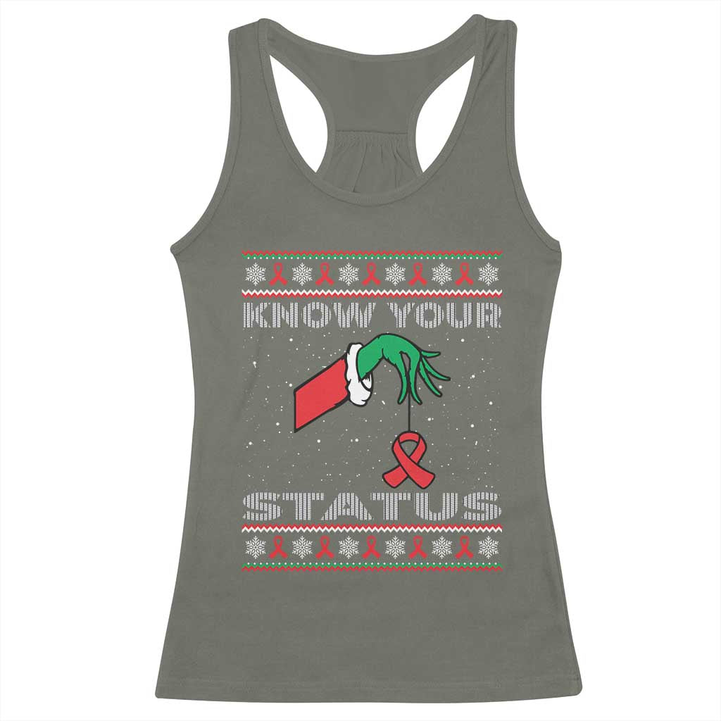 Funny Know Your Status Green Hand Racerback Tank Top Red Ribbon HIV Ugly Sweater Gift - Wonder Print Shop