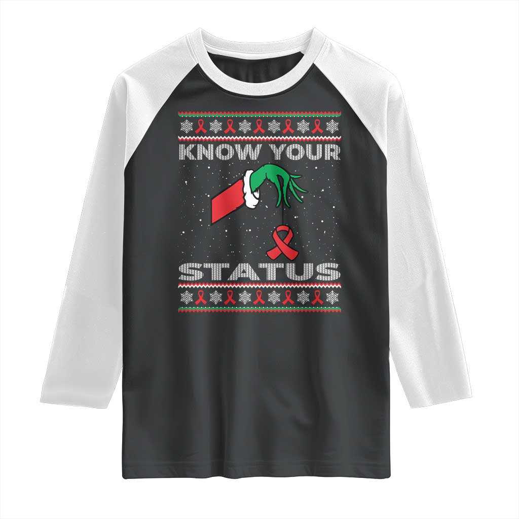 Funny Know Your Status Green Hand Raglan Shirt Red Ribbon HIV Ugly Sweater Gift - Wonder Print Shop