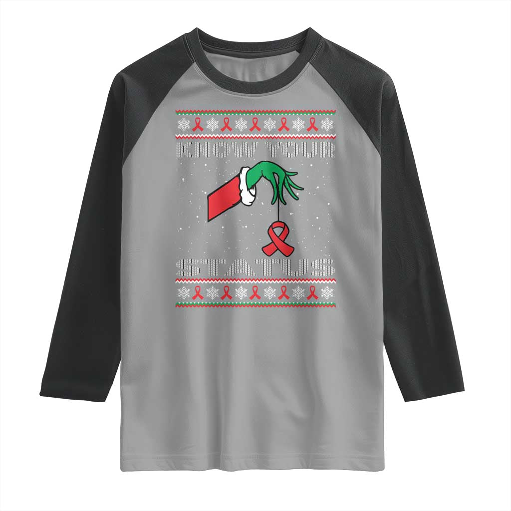 Funny Know Your Status Green Hand Raglan Shirt Red Ribbon HIV Ugly Sweater Gift - Wonder Print Shop
