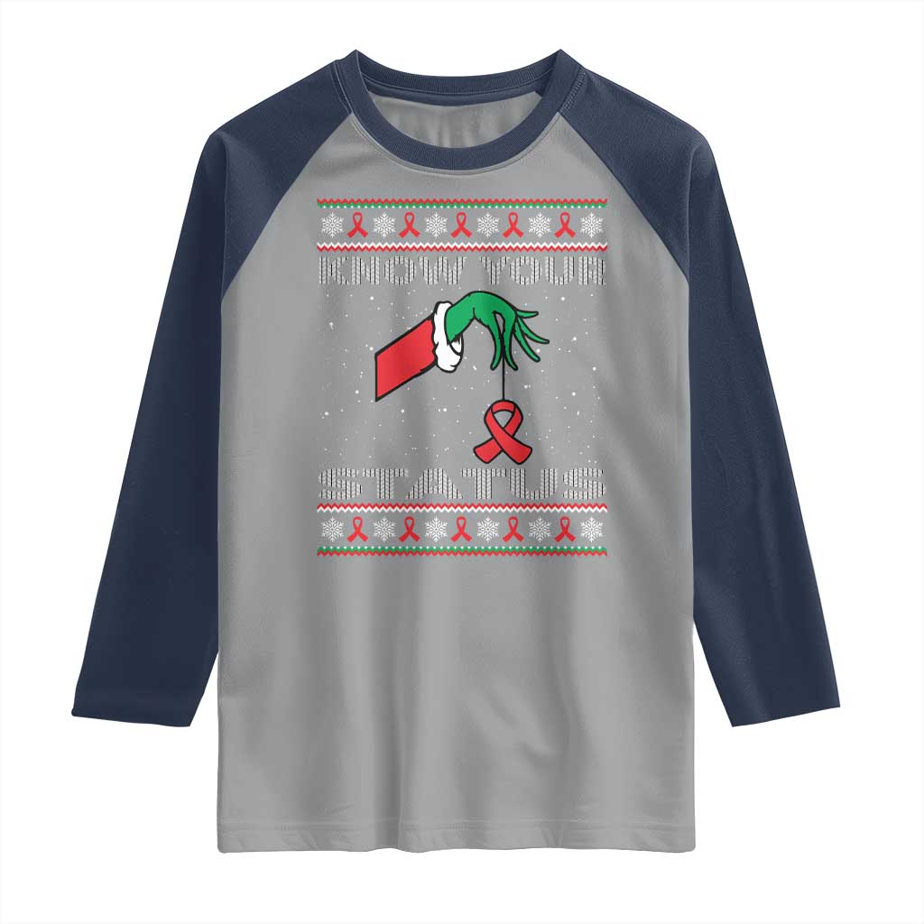 Funny Know Your Status Green Hand Raglan Shirt Red Ribbon HIV Ugly Sweater Gift - Wonder Print Shop
