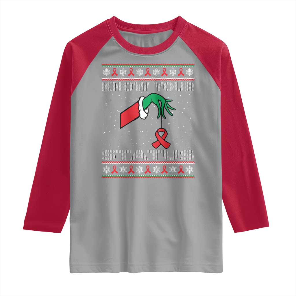 Funny Know Your Status Green Hand Raglan Shirt Red Ribbon HIV Ugly Sweater Gift - Wonder Print Shop