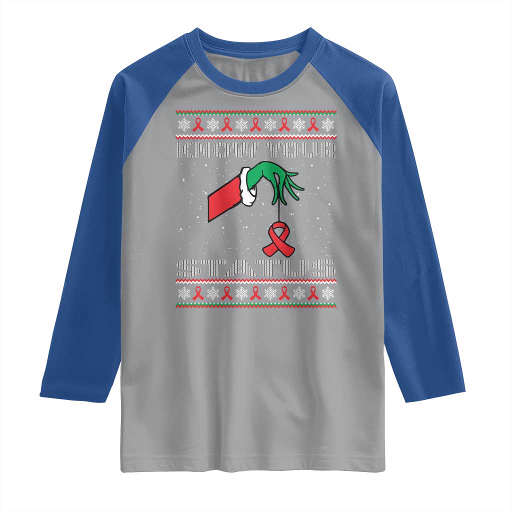 Funny Know Your Status Green Hand Raglan Shirt Red Ribbon HIV Ugly Sweater Gift - Wonder Print Shop