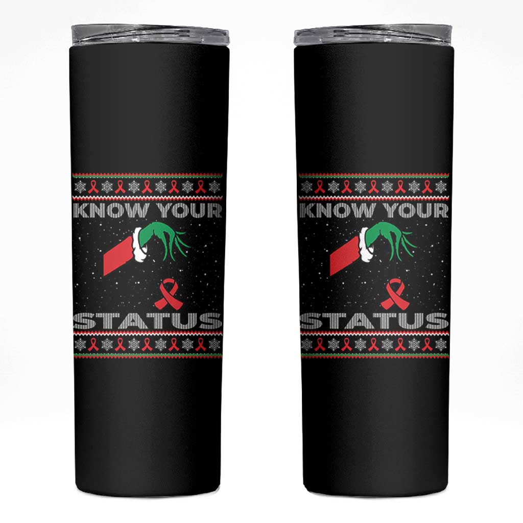 Funny Know Your Status Green Hand Skinny Tumbler Red Ribbon HIV Ugly Sweater Gift - Wonder Print Shop