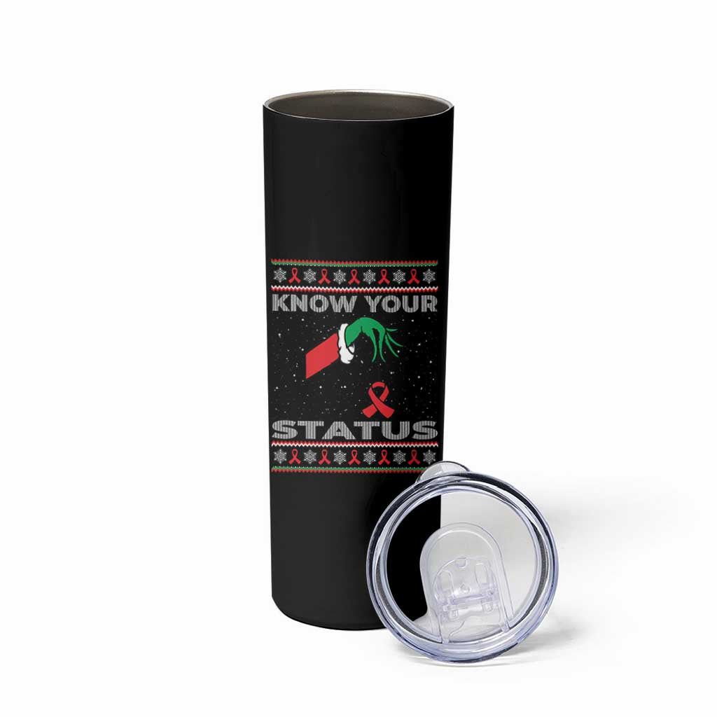 Funny Know Your Status Green Hand Skinny Tumbler Red Ribbon HIV Ugly Sweater Gift - Wonder Print Shop