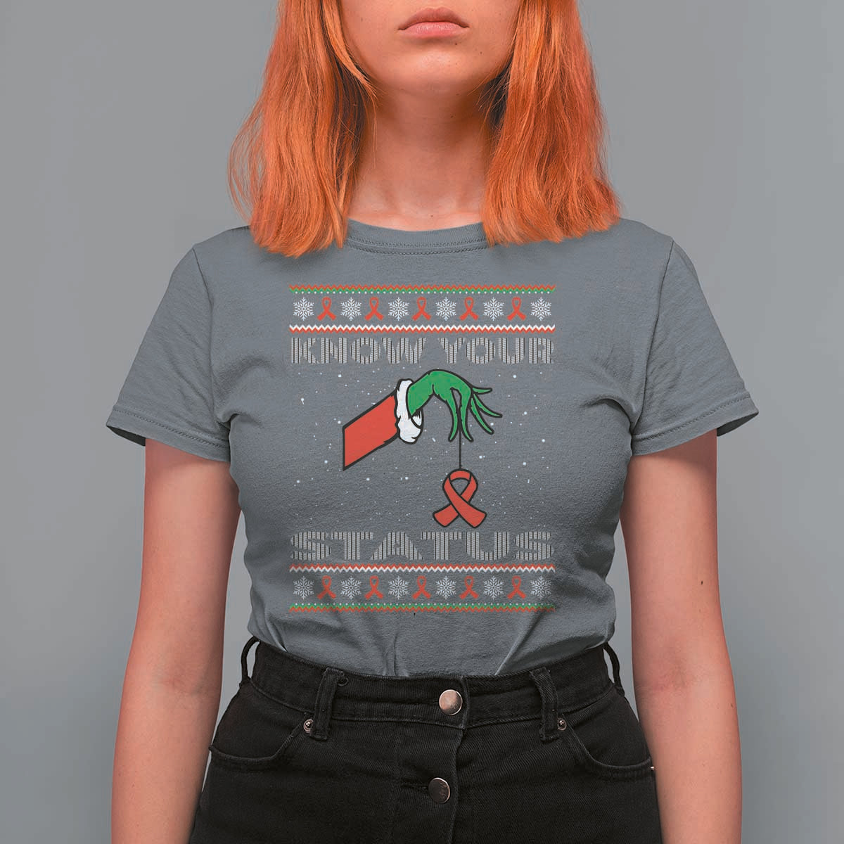 Funny Know Your Status Green Hand T Shirt For Women Red Ribbon HIV Ugly Sweater Gift - Wonder Print Shop