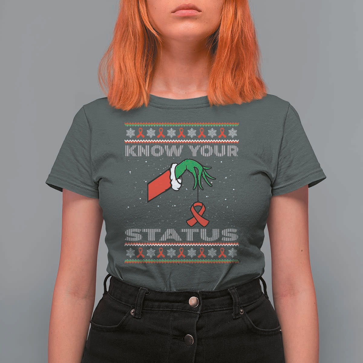 Funny Know Your Status Green Hand T Shirt For Women Red Ribbon HIV Ugly Sweater Gift - Wonder Print Shop