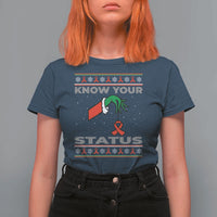 Funny Know Your Status Green Hand T Shirt For Women Red Ribbon HIV Ugly Sweater Gift - Wonder Print Shop