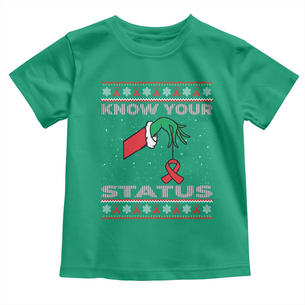 Funny Know Your Status Green Hand Toddler T Shirt Red Ribbon HIV Ugly Sweater Gift - Wonder Print Shop