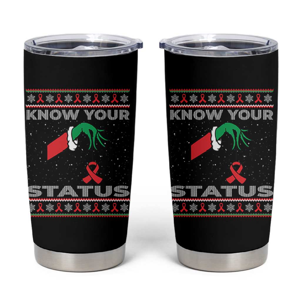 Funny Know Your Status Green Hand Tumbler Cup Red Ribbon HIV Ugly Sweater Gift - Wonder Print Shop