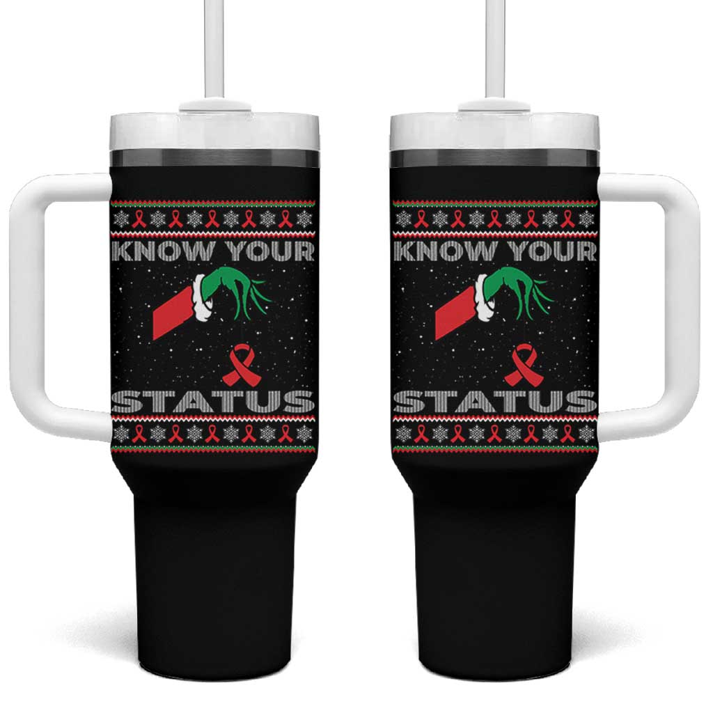 Funny Know Your Status Green Hand Tumbler With Handle Red Ribbon HIV Ugly Sweater Gift - Wonder Print Shop
