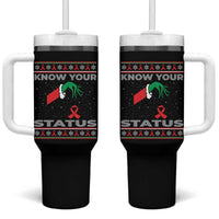 Funny Know Your Status Green Hand Tumbler With Handle Red Ribbon HIV Ugly Sweater Gift - Wonder Print Shop
