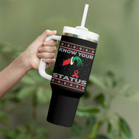 Funny Know Your Status Green Hand Tumbler With Handle Red Ribbon HIV Ugly Sweater Gift - Wonder Print Shop