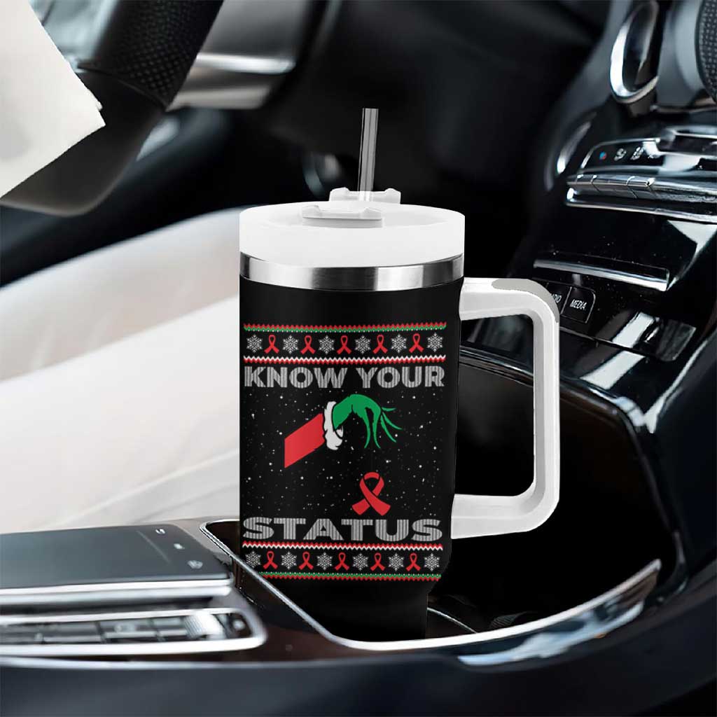 Funny Know Your Status Green Hand Tumbler With Handle Red Ribbon HIV Ugly Sweater Gift - Wonder Print Shop
