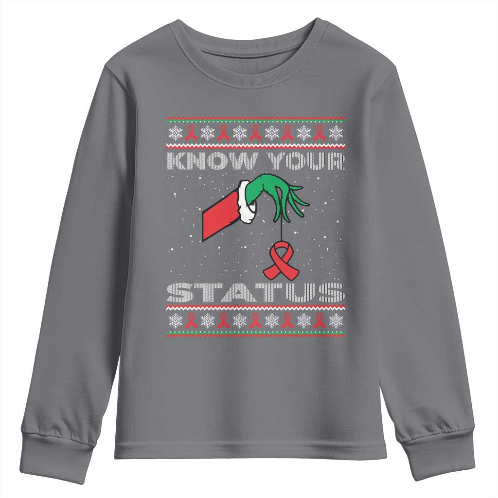Funny Know Your Status Green Hand Youth Sweatshirt Red Ribbon HIV Ugly Sweater Gift - Wonder Print Shop