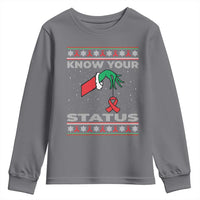 Funny Know Your Status Green Hand Youth Sweatshirt Red Ribbon HIV Ugly Sweater Gift - Wonder Print Shop