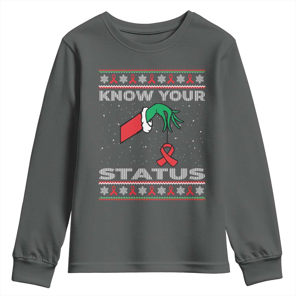 Funny Know Your Status Green Hand Youth Sweatshirt Red Ribbon HIV Ugly Sweater Gift - Wonder Print Shop