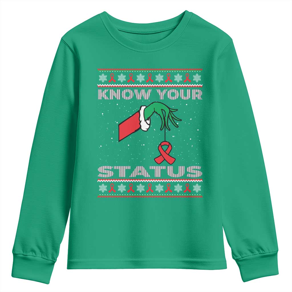 Funny Know Your Status Green Hand Youth Sweatshirt Red Ribbon HIV Ugly Sweater Gift - Wonder Print Shop