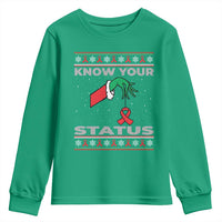 Funny Know Your Status Green Hand Youth Sweatshirt Red Ribbon HIV Ugly Sweater Gift - Wonder Print Shop