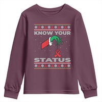 Funny Know Your Status Green Hand Youth Sweatshirt Red Ribbon HIV Ugly Sweater Gift - Wonder Print Shop