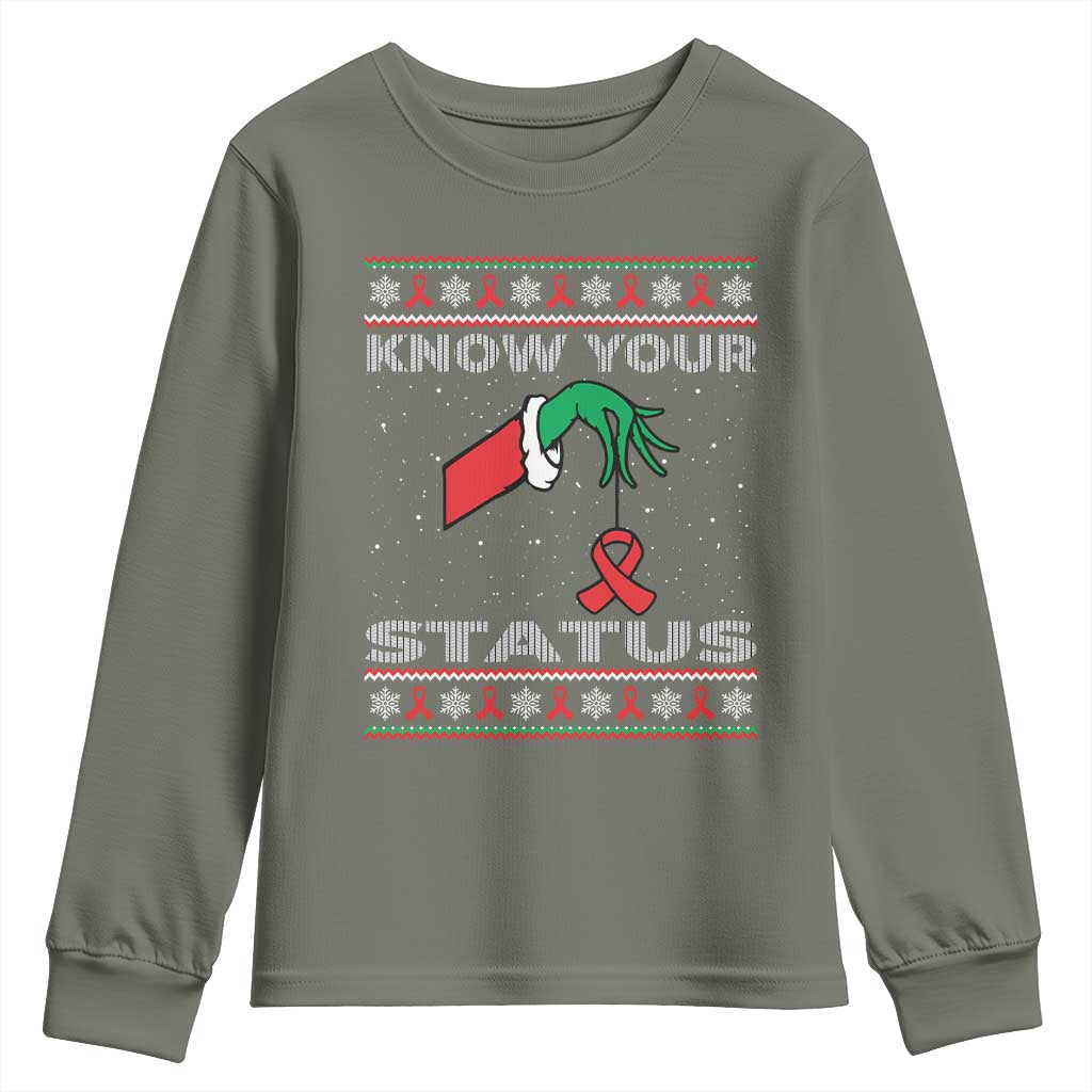 Funny Know Your Status Green Hand Youth Sweatshirt Red Ribbon HIV Ugly Sweater Gift - Wonder Print Shop