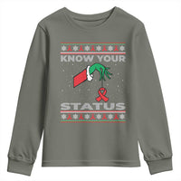 Funny Know Your Status Green Hand Youth Sweatshirt Red Ribbon HIV Ugly Sweater Gift - Wonder Print Shop