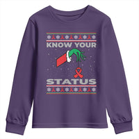 Funny Know Your Status Green Hand Youth Sweatshirt Red Ribbon HIV Ugly Sweater Gift - Wonder Print Shop