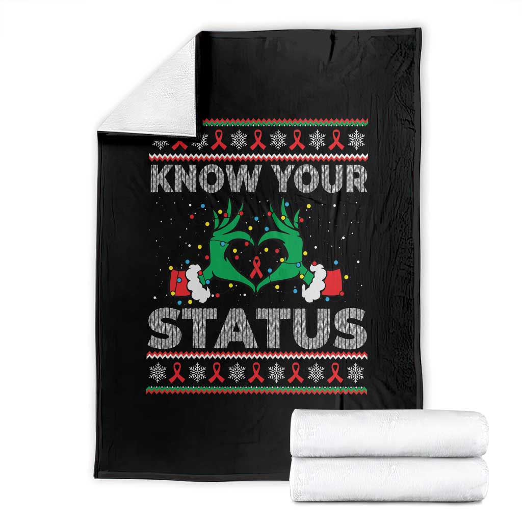 Know Your Status HIV Awareness Gift Throw Blanket Ugly Sweater Green Hand Red Ribbon - Wonder Print Shop
