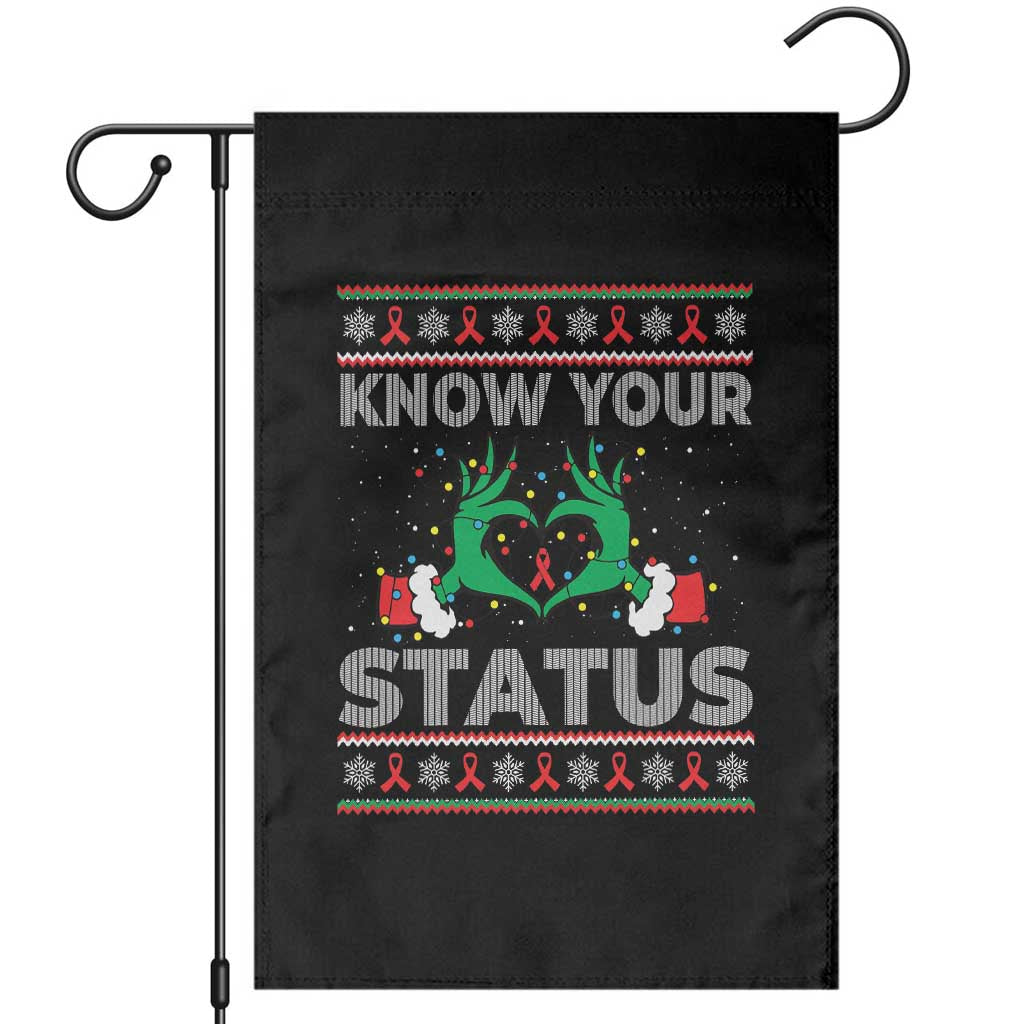 Know Your Status HIV Awareness Gift Garden Flag Ugly Sweater Green Hand Red Ribbon - Wonder Print Shop