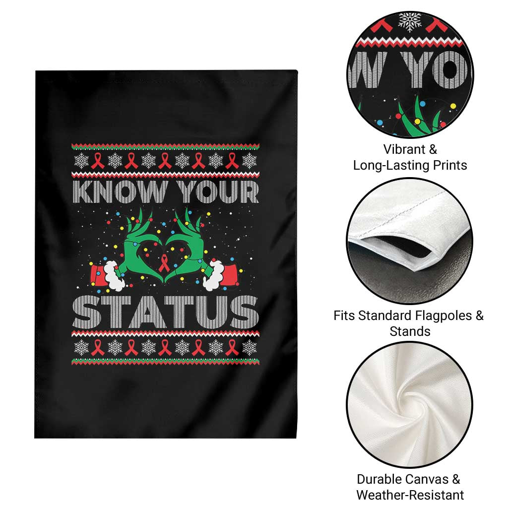 Know Your Status HIV Awareness Gift Garden Flag Ugly Sweater Green Hand Red Ribbon - Wonder Print Shop