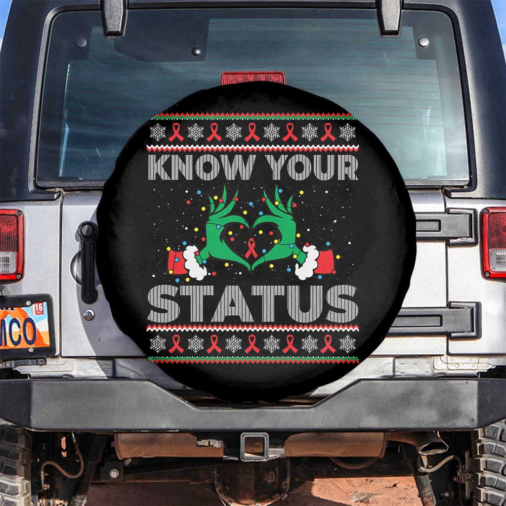 Know Your Status HIV Awareness Gift Spare Tire Cover Ugly Sweater Green Hand Red Ribbon - Wonder Print Shop