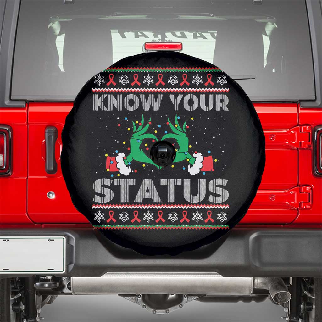 Know Your Status HIV Awareness Gift Spare Tire Cover Ugly Sweater Green Hand Red Ribbon - Wonder Print Shop