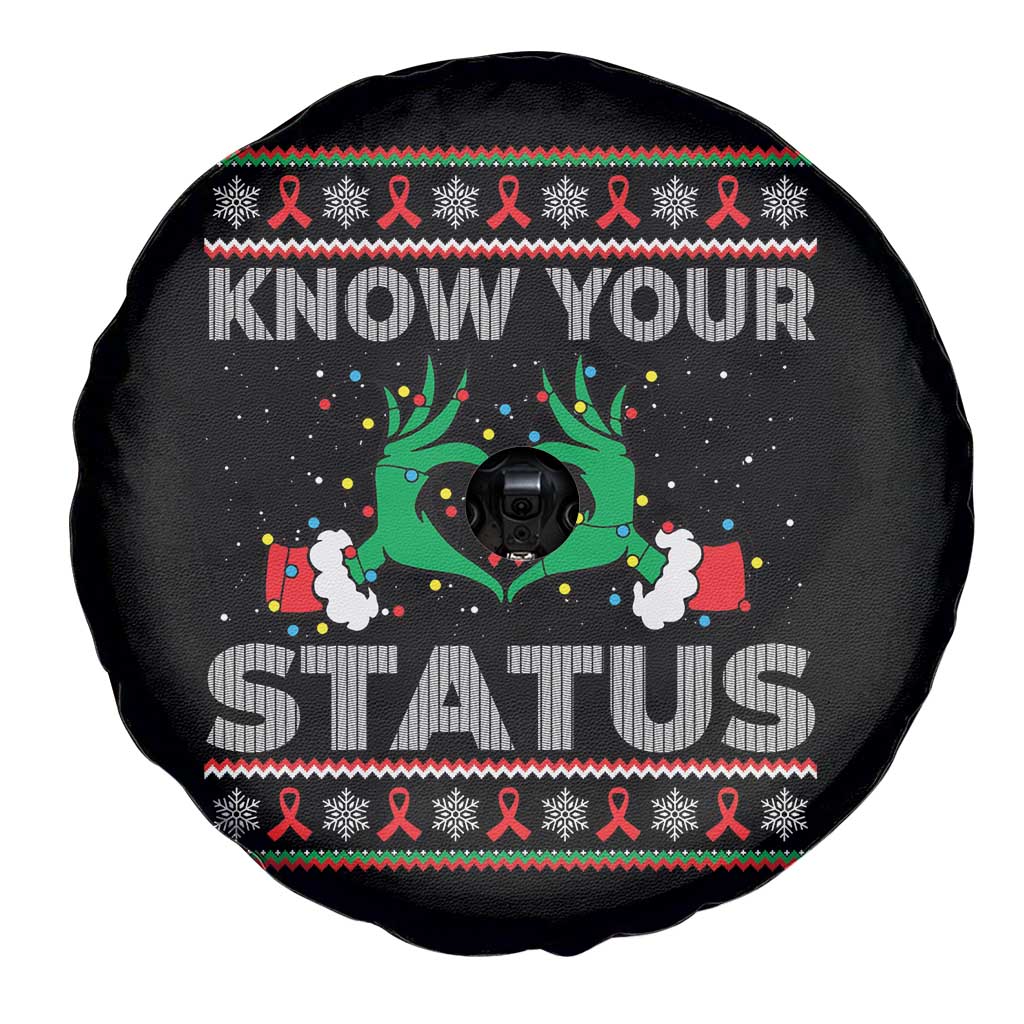 Know Your Status HIV Awareness Gift Spare Tire Cover Ugly Sweater Green Hand Red Ribbon - Wonder Print Shop