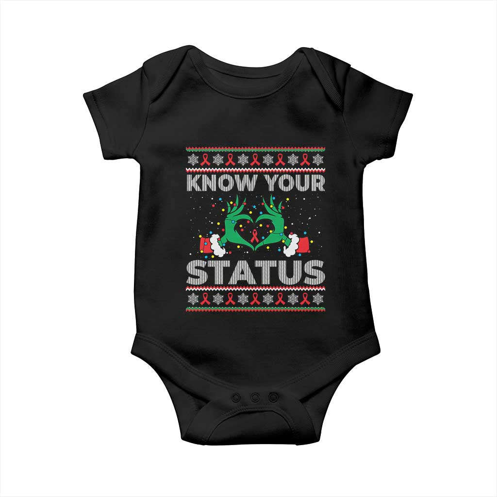 Know Your Status HIV Awareness Gift Baby Onesie Ugly Sweater Green Hand Red Ribbon - Wonder Print Shop