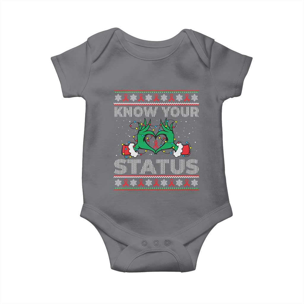 Know Your Status HIV Awareness Gift Baby Onesie Ugly Sweater Green Hand Red Ribbon - Wonder Print Shop