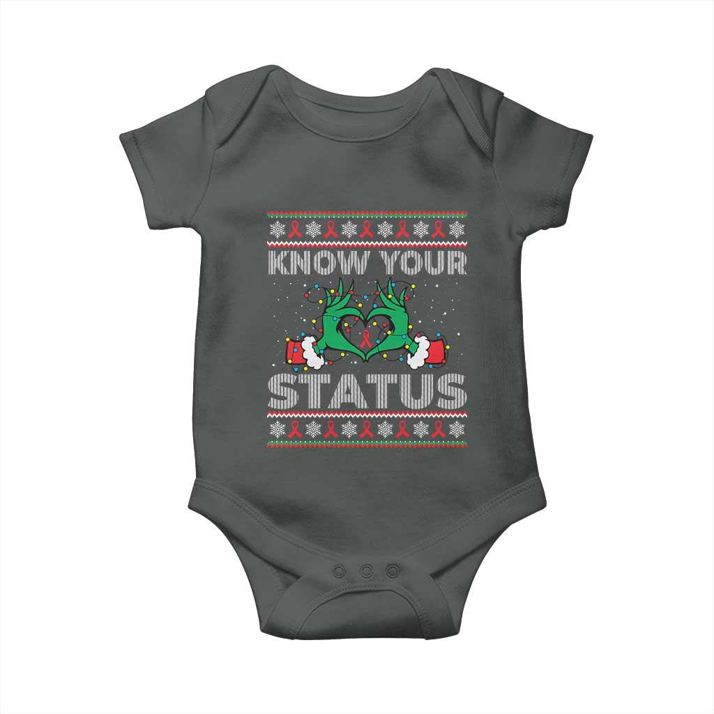 Know Your Status HIV Awareness Gift Baby Onesie Ugly Sweater Green Hand Red Ribbon - Wonder Print Shop