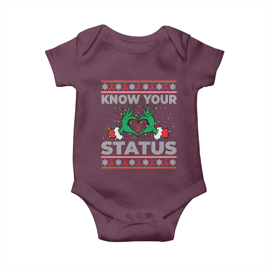 Know Your Status HIV Awareness Gift Baby Onesie Ugly Sweater Green Hand Red Ribbon - Wonder Print Shop