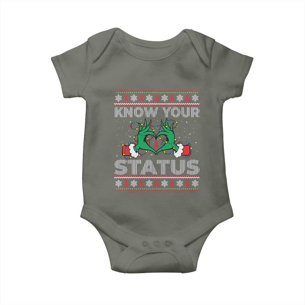 Know Your Status HIV Awareness Gift Baby Onesie Ugly Sweater Green Hand Red Ribbon - Wonder Print Shop