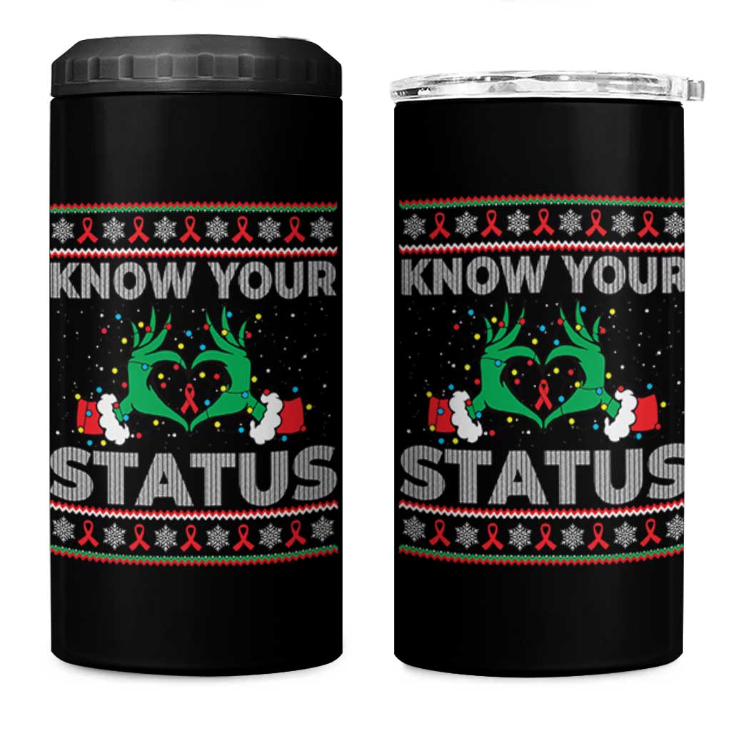 Know Your Status HIV Awareness Gift 4 in 1 Can Cooler Tumbler Ugly Sweater Green Hand Red Ribbon - Wonder Print Shop