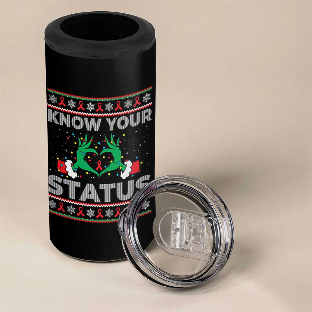 Know Your Status HIV Awareness Gift 4 in 1 Can Cooler Tumbler Ugly Sweater Green Hand Red Ribbon - Wonder Print Shop