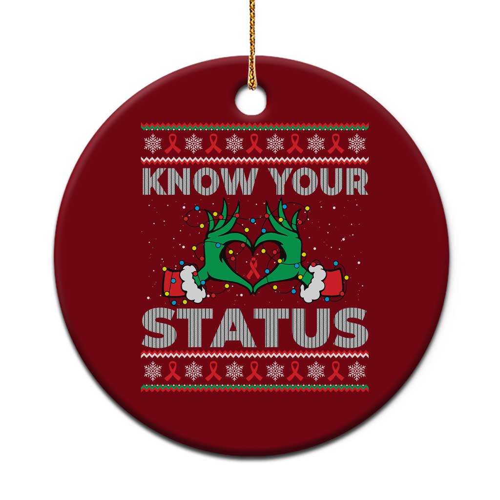 Know Your Status HIV Awareness Gift Ceramic Ornament Ugly Sweater Green Hand Red Ribbon - Wonder Print Shop