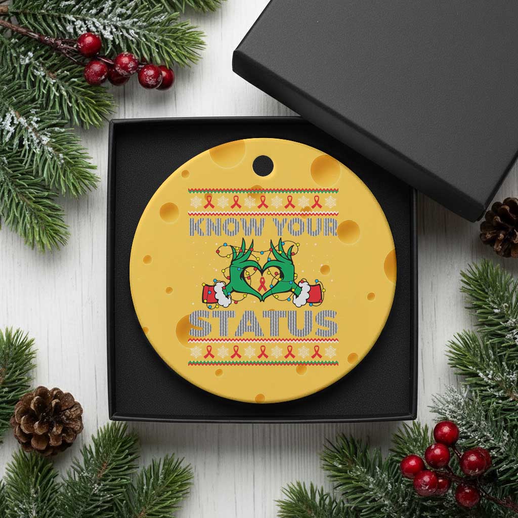 Know Your Status HIV Awareness Gift Ceramic Ornament Ugly Sweater Green Hand Red Ribbon - Wonder Print Shop