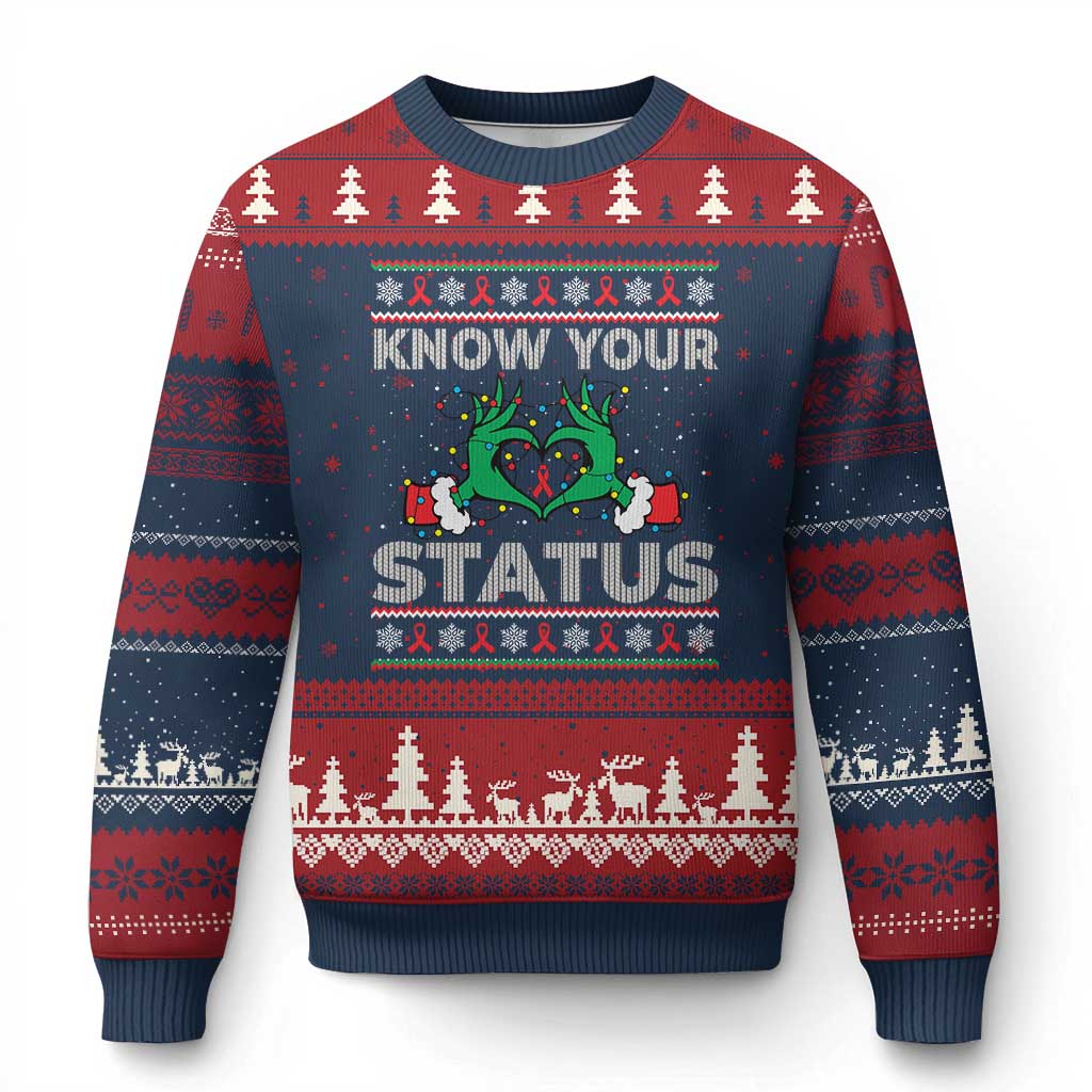 Know Your Status HIV Awareness Gift Ugly Christmas Sweater Ugly Sweater Green Hand Red Ribbon - Wonder Print Shop