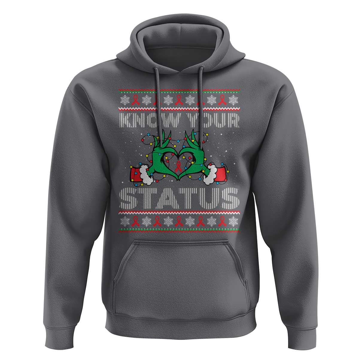 Know Your Status HIV Awareness Gift Hoodie Ugly Sweater Green Hand Red Ribbon - Wonder Print Shop