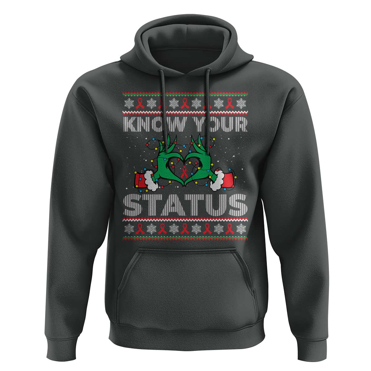 Know Your Status HIV Awareness Gift Hoodie Ugly Sweater Green Hand Red Ribbon - Wonder Print Shop