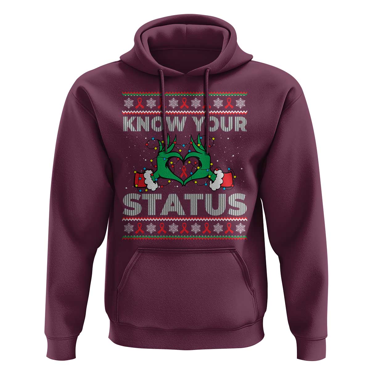 Know Your Status HIV Awareness Gift Hoodie Ugly Sweater Green Hand Red Ribbon - Wonder Print Shop