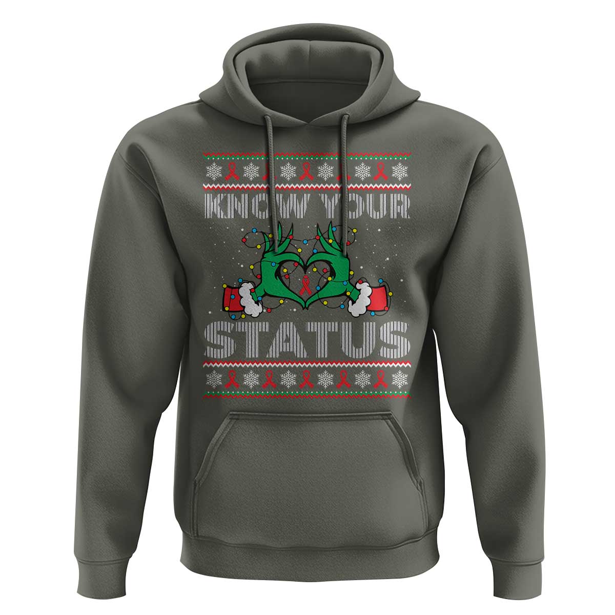 Know Your Status HIV Awareness Gift Hoodie Ugly Sweater Green Hand Red Ribbon - Wonder Print Shop