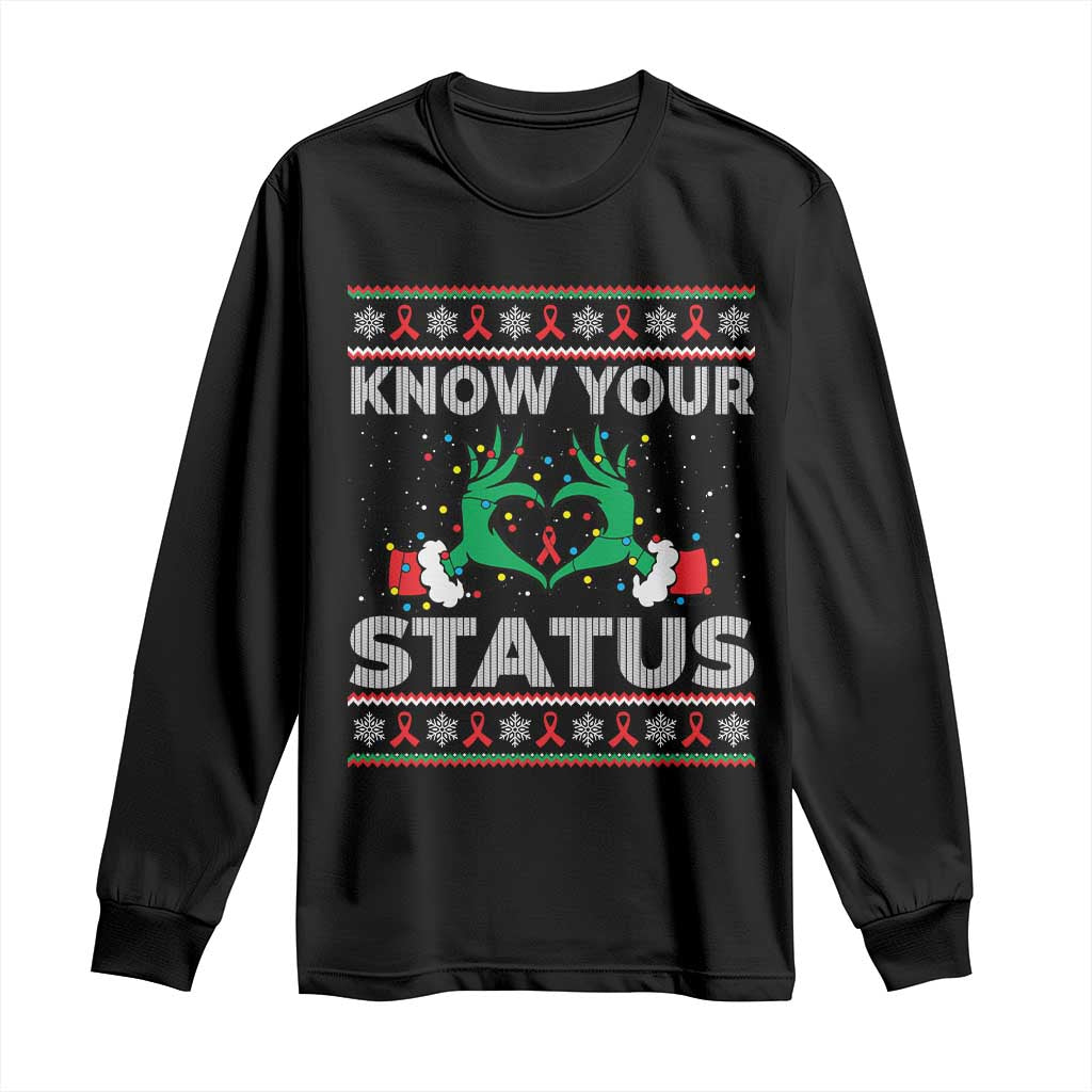 Know Your Status HIV Awareness Gift Long Sleeve Shirt Ugly Sweater Green Hand Red Ribbon - Wonder Print Shop