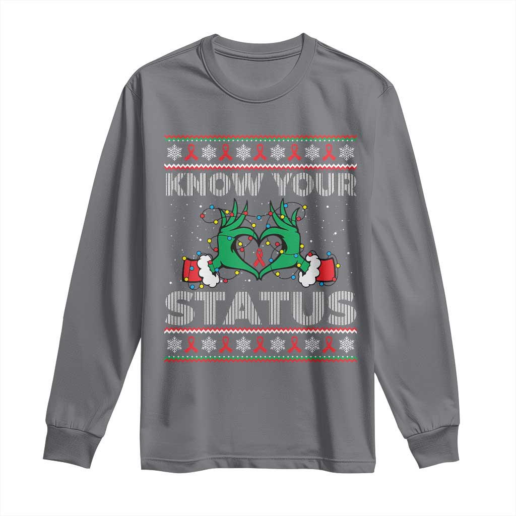 Know Your Status HIV Awareness Gift Long Sleeve Shirt Ugly Sweater Green Hand Red Ribbon - Wonder Print Shop